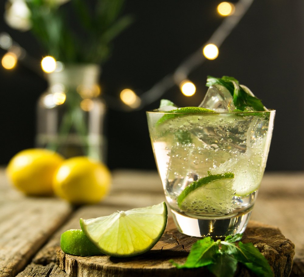 Gin and tonic with lime and mint on a wooden table